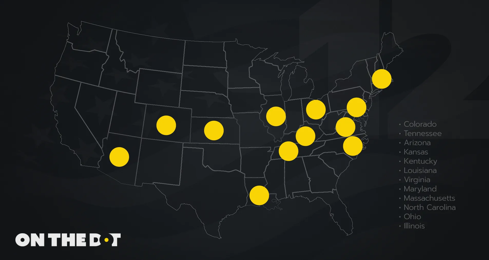 Map of the United States highlighting states of focus (Colorado, Arizona, etc.) with the On The Dot logo.
