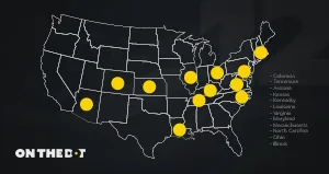 Map of the United States highlighting states of focus (Colorado, Arizona, etc.) with the On The Dot logo.