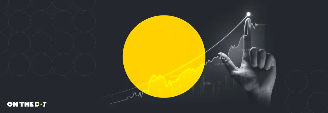 Hand interacting with a rising data graph, illustrating growth and analytics, with a large yellow circle and the On The Dot logo.
