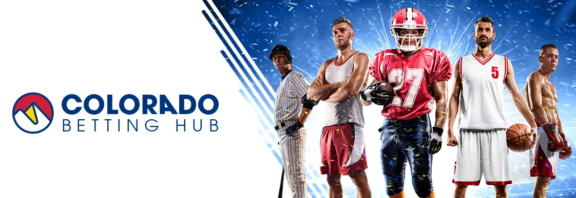 Colorado Betting Hub logo alongside athletes from football, baseball, and basketball, representing sports betting.