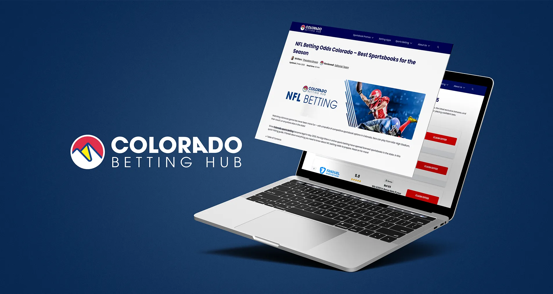 Laptop displaying the Colorado Betting Hub website, showing an article about NFL betting odds and sportsbook offers in Colorado.