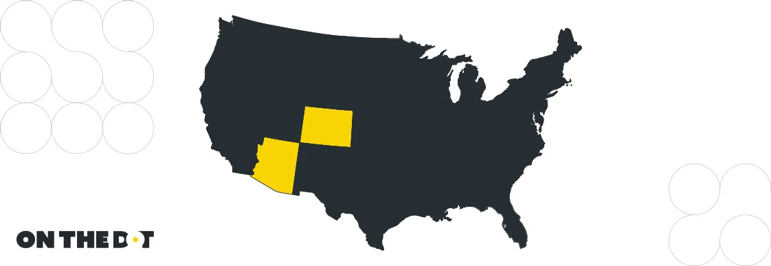 Map of the United States highlighting Colorado and Arizona, with the On The Dot logo.
